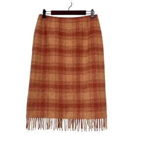 David Brooks Wool Blend‎ Plaid Fringed Skirt Sz 10 Light Burnt Orange Lined Slit